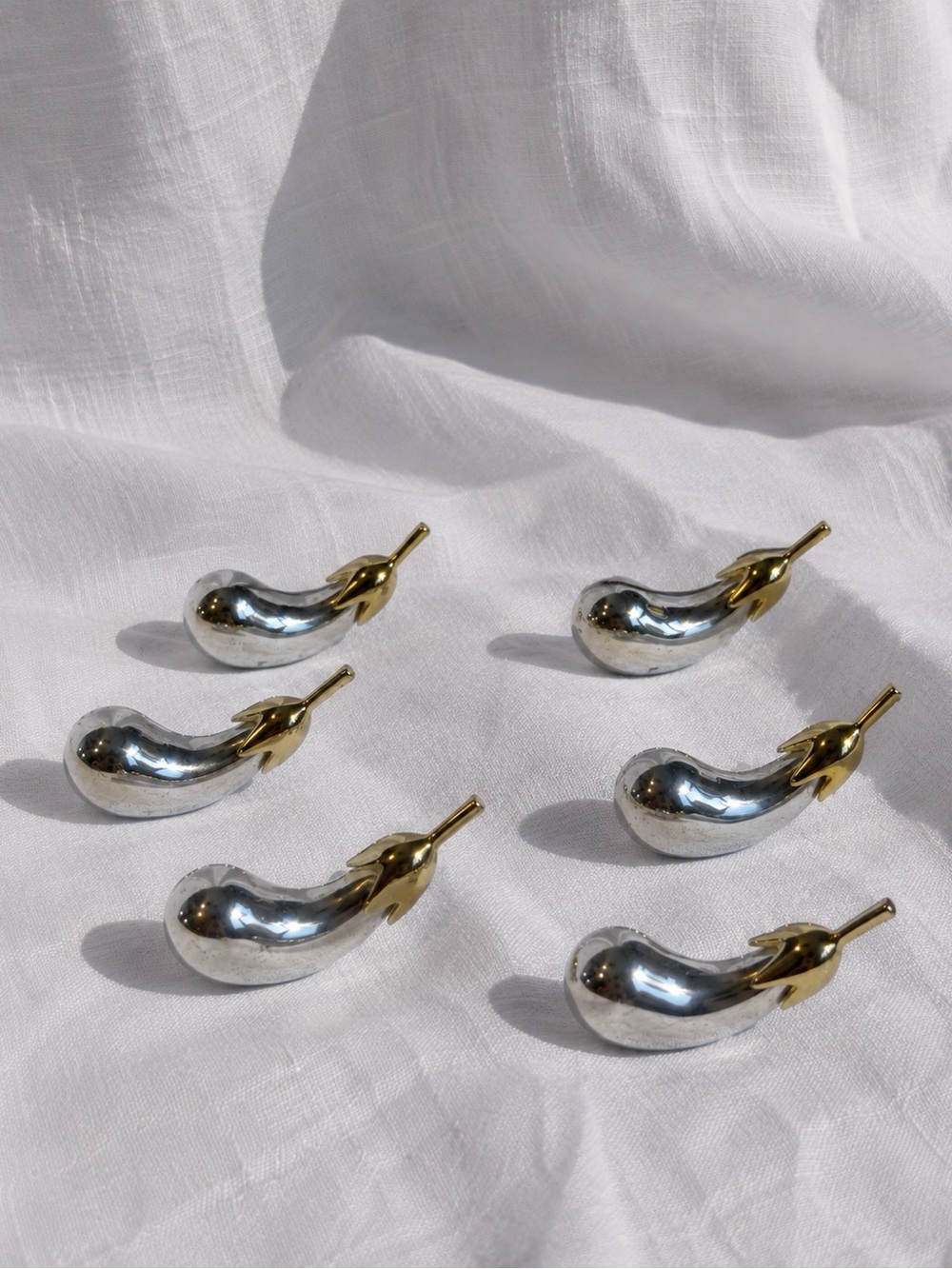 Vintage Gold & Silver Tone Eggplant Knife Rests, Mini Paper Weights Set of 6